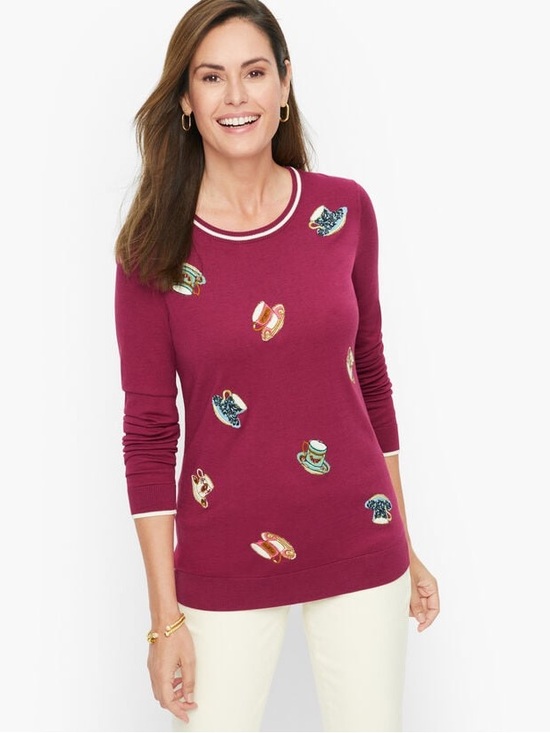Talbots Sweaters - Talbots Teacup Sweater Women L NWT Magenta Embroidered Novelty Knit Preppy Twee